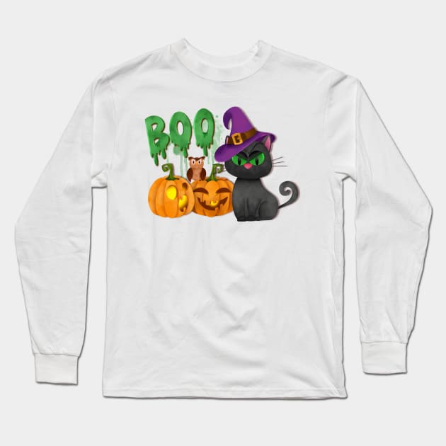 Black cat Haloween design Long Sleeve T-Shirt by PrintAmor